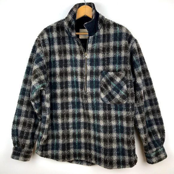 SOLD - VTG 90s Gramicci deep pile fleece half zip plaid Size Large - Picture 1 of 8